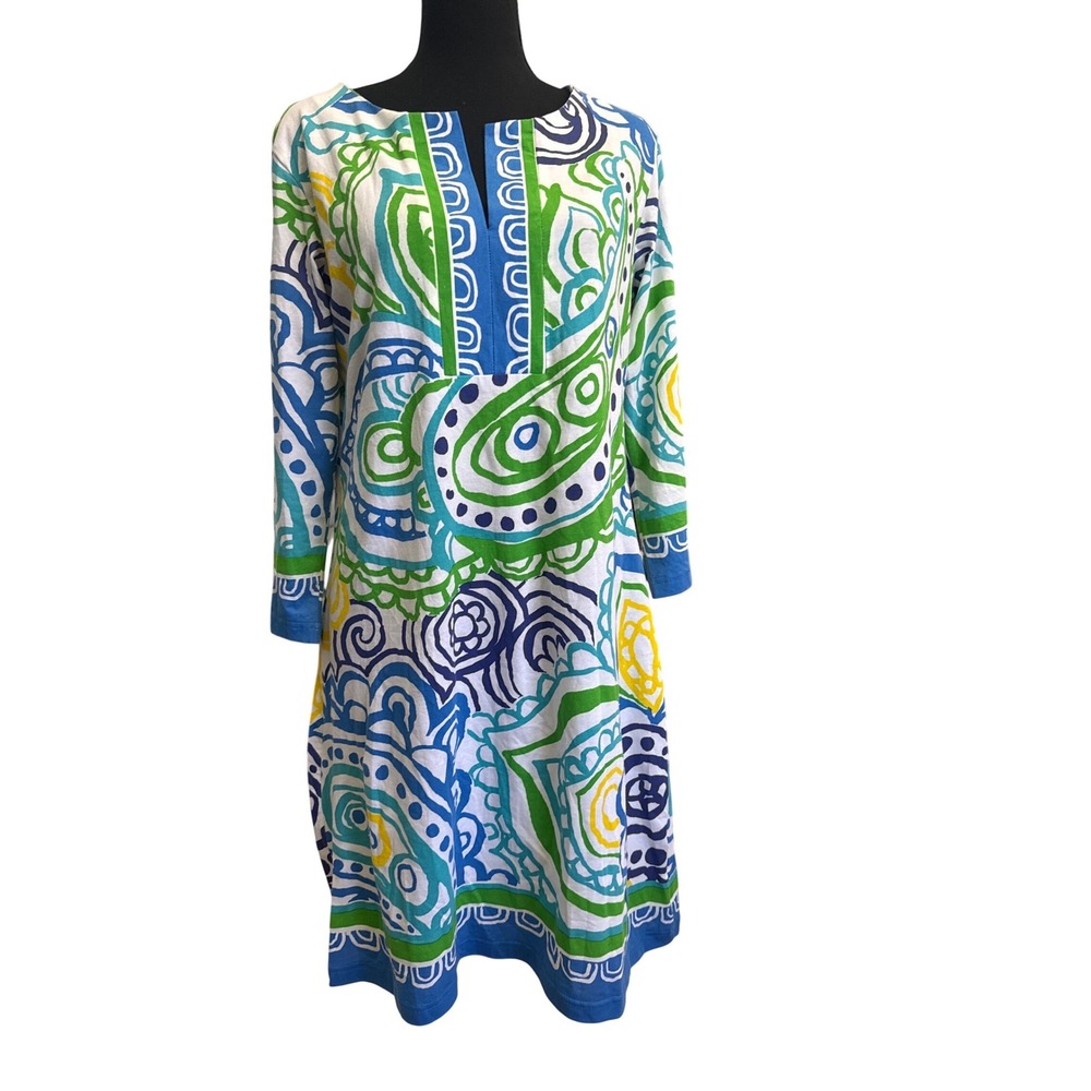 Barbara Gerwit Womens Large Blue Green Paisley Split Neck Knit Shift Tunic Dress